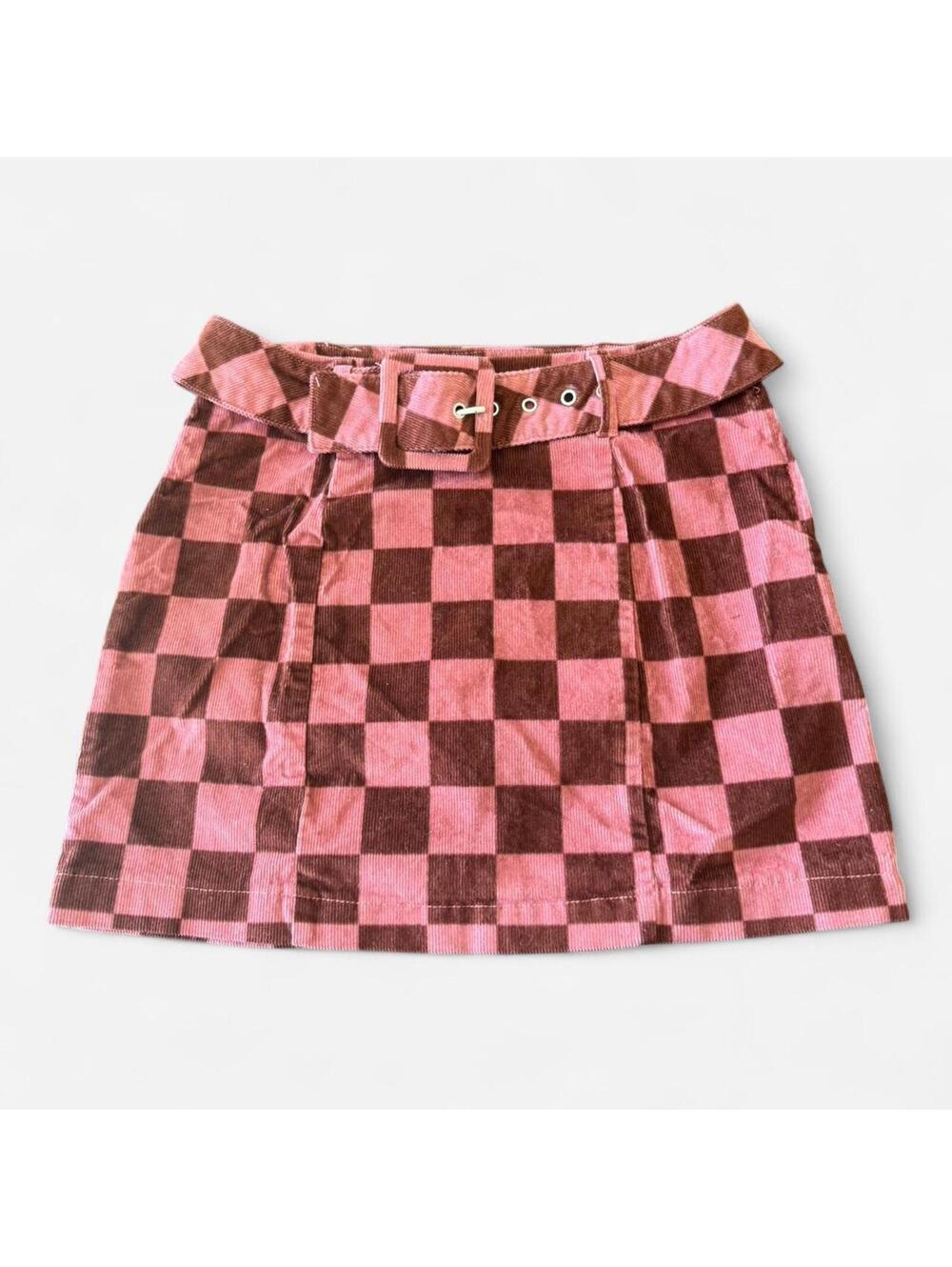 Wild Fable Retro Corduroy Checkered Pink and Brown Belted Mini Skirt, Size 2